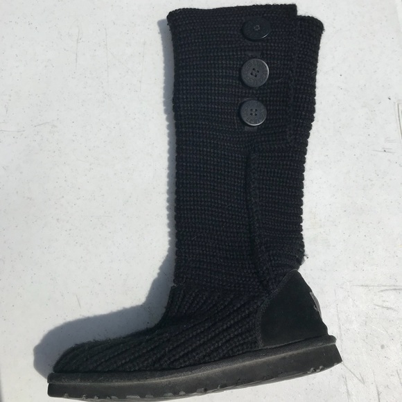Black Knit Fold Over Button Ugg Boots - Picture 5 of 7